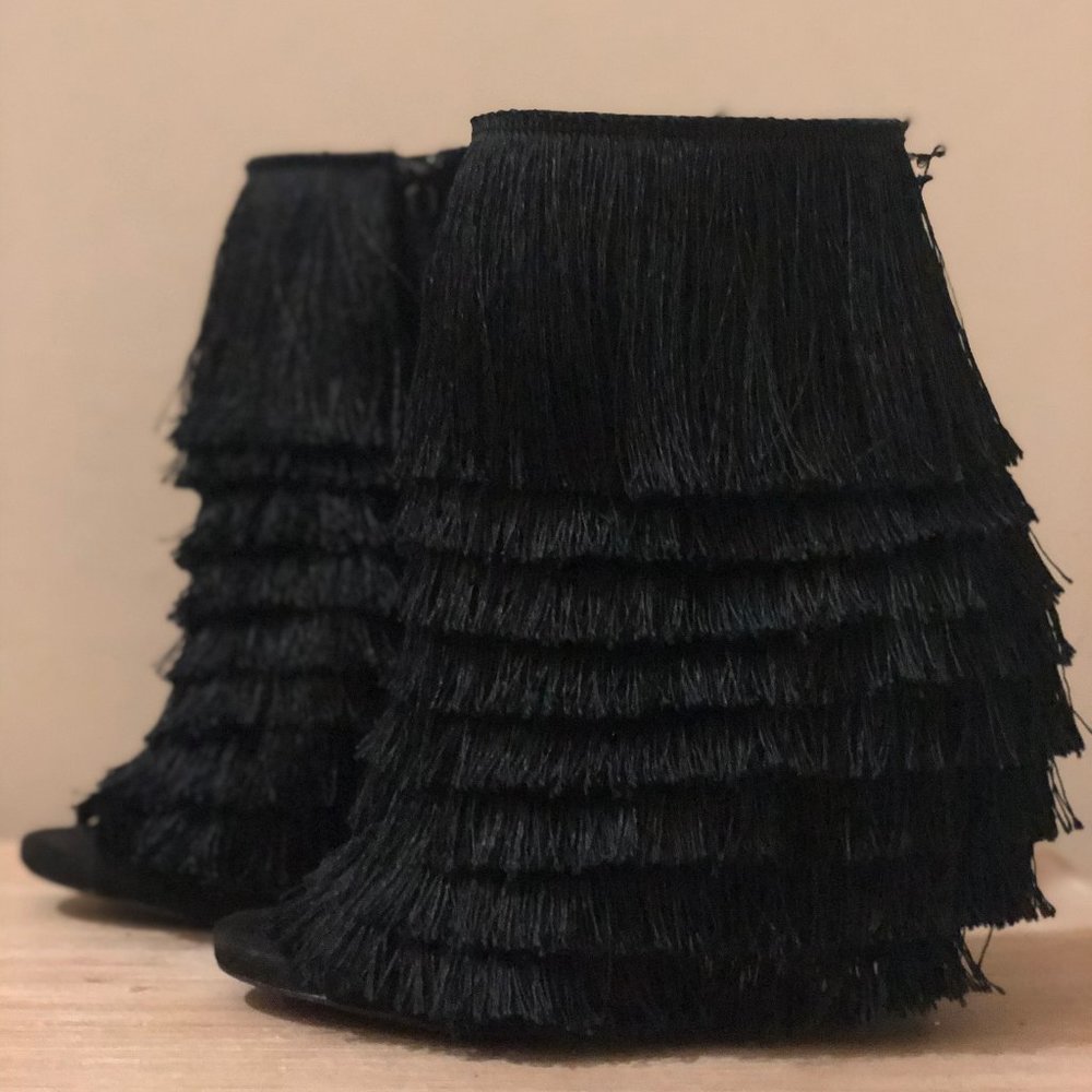 Fringe Black Bootie Heels